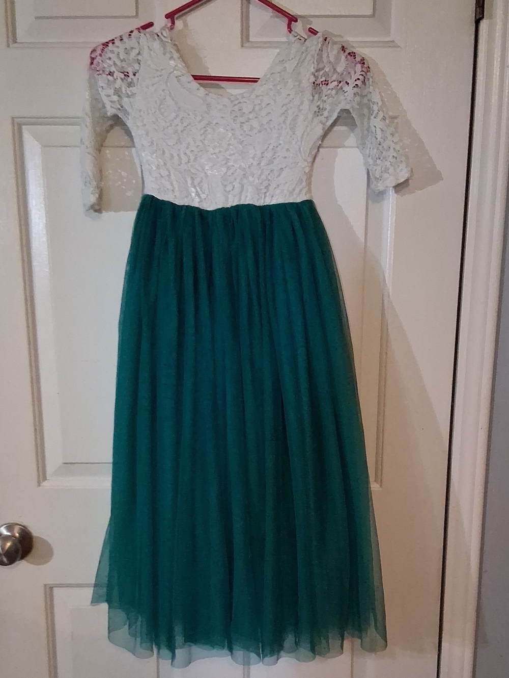 Girls White Lace & Teal Tulle Dress